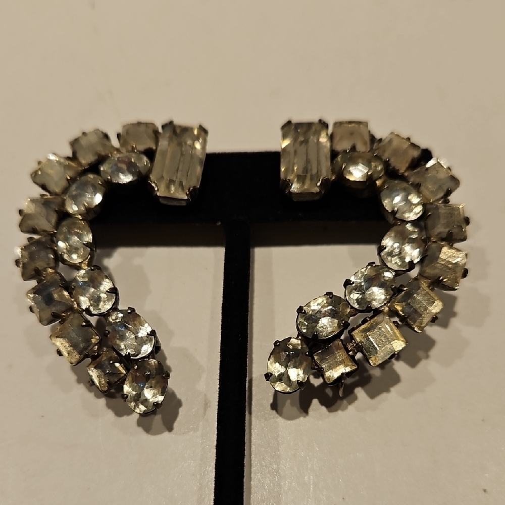 Vintage Rare Large Rhinestone Double Clip On Each Earring On Pair Of Earrings